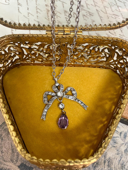 The Marie ~ Antique Georgian Silver Diamond Paste & Amethyst Paste Whimsical Sweet Bow Necklace with Chain
