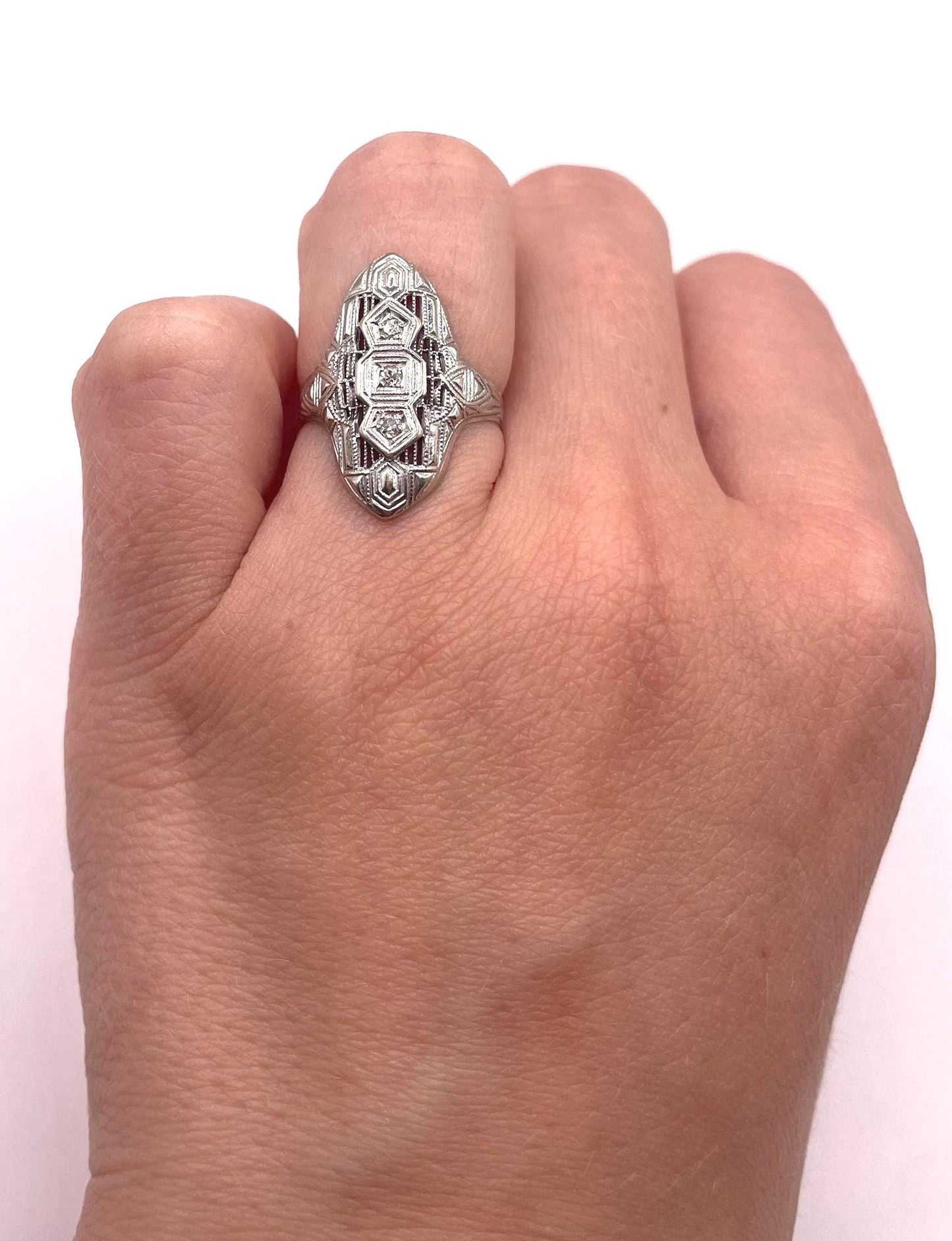 The Elsie ~ Antique Art Deco 1920s 14k White Gold & Diamond Ring