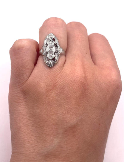 The Elsie ~ Antique Art Deco 1920s 14k White Gold & Diamond Ring
