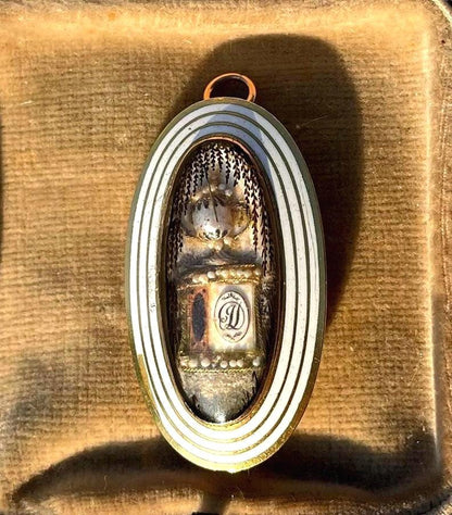 Antique 18th Century Georgian Gold Mourning Locket Brooch with White Enamel, Pearl, Hair, and Urn Motif