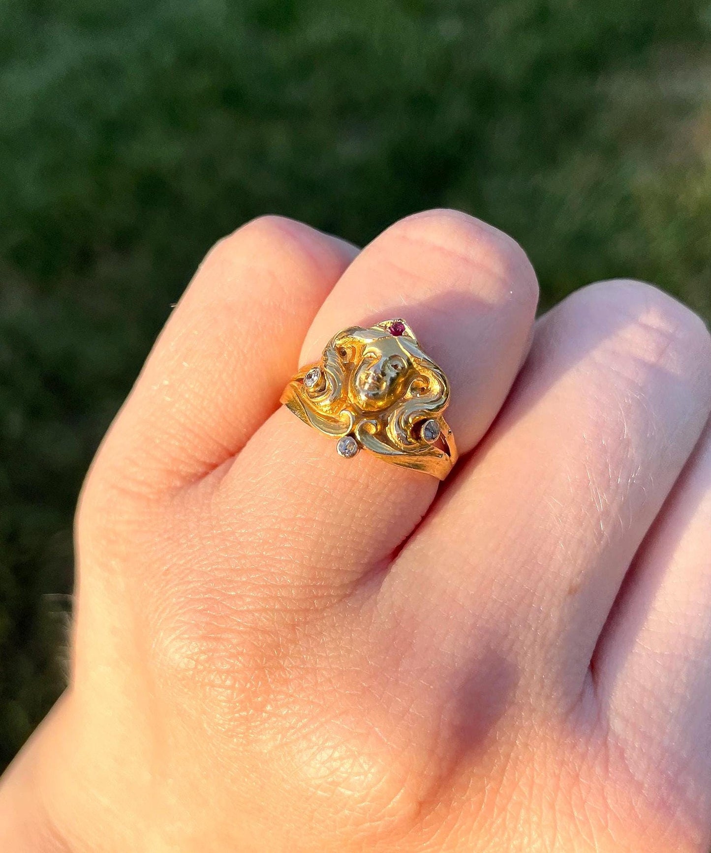 The Goddess ~ Art Noveau Antique Ruby & Diamond Woman’s Head Ring 10k Yellow Gold