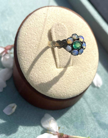 The Victoria ~ Antique Victorian 9 Carat Gold Emerald & Opal Cluster Ring Vintage