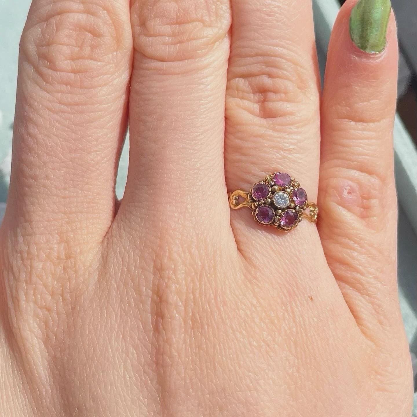 The Flora ~ Antique Victorian Ruby & Diamond Round Cut Cluster 18ct Yellow Gold Vintage Ring