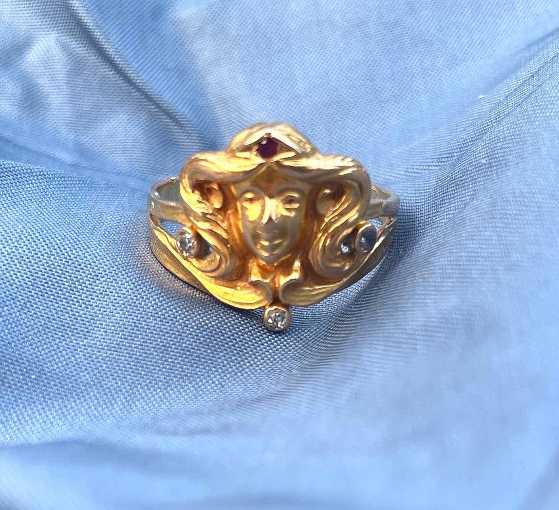 The Goddess ~ Art Noveau Antique Ruby & Diamond Woman’s Head Ring 10k Yellow Gold