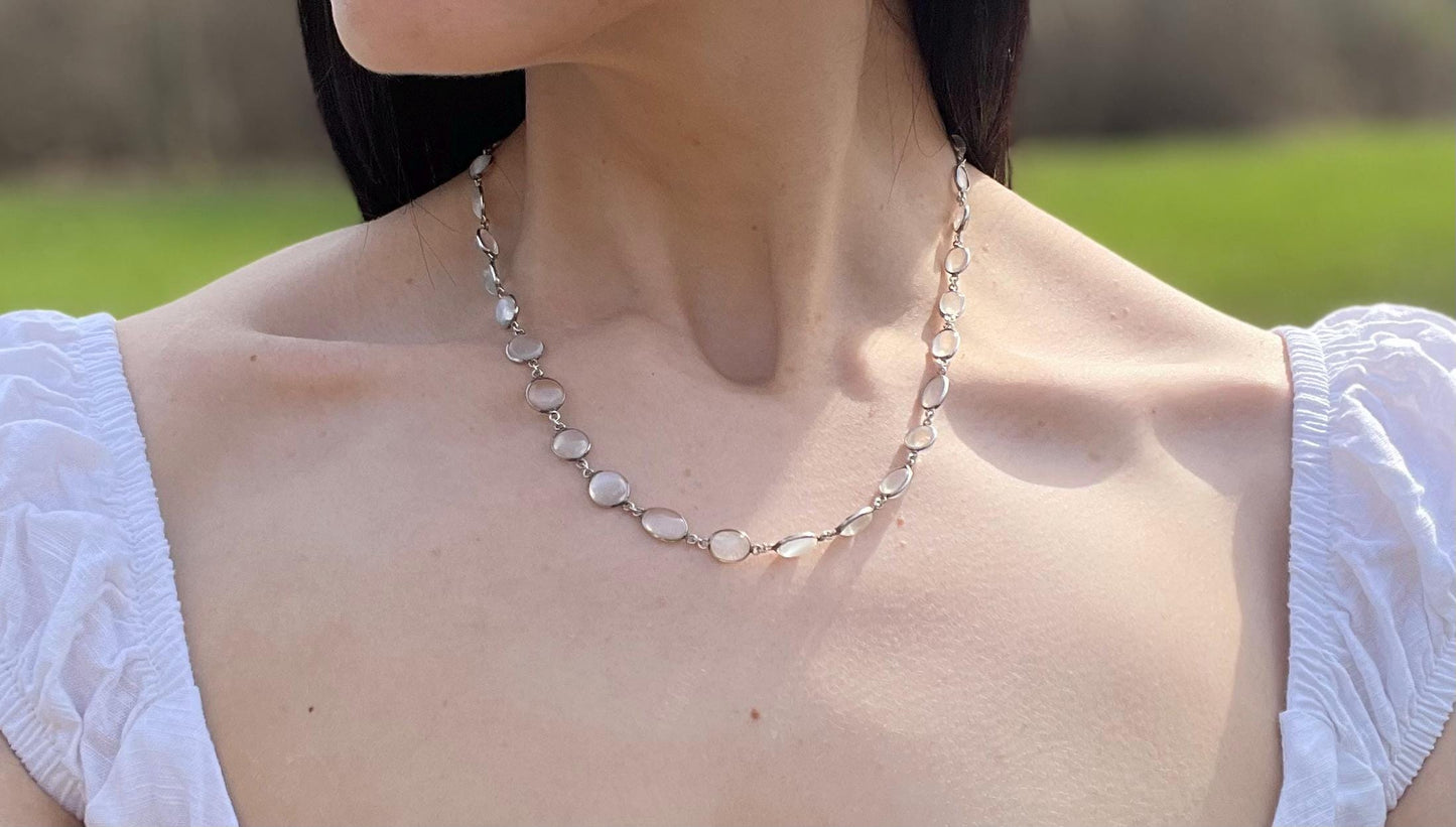 The Celeste ~ Antique Victorian Silver Graduated Moonstone Rivière Necklace