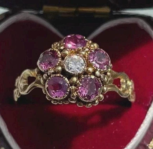 The Flora ~ Antique Victorian Ruby & Diamond Round Cut Cluster 18ct Yellow Gold Vintage Ring