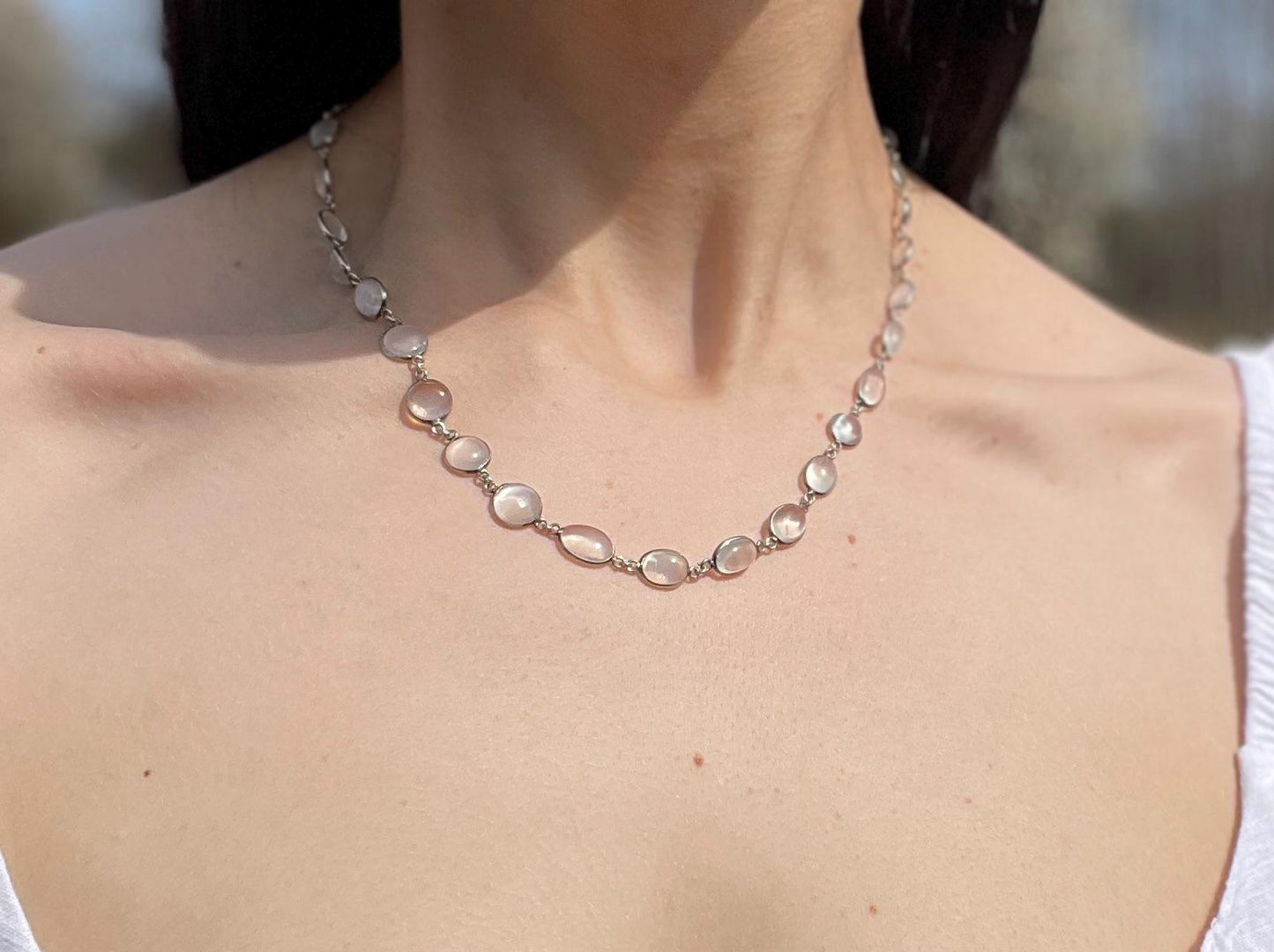 The Celeste ~ Antique Victorian Silver Graduated Moonstone Rivière Necklace