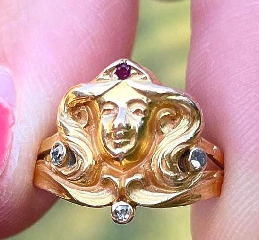 The Goddess ~ Art Noveau Antique Ruby & Diamond Woman’s Head Ring 10k Yellow Gold