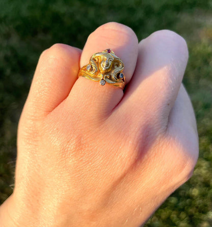 The Goddess ~ Art Noveau Antique Ruby & Diamond Woman’s Head Ring 10k Yellow Gold