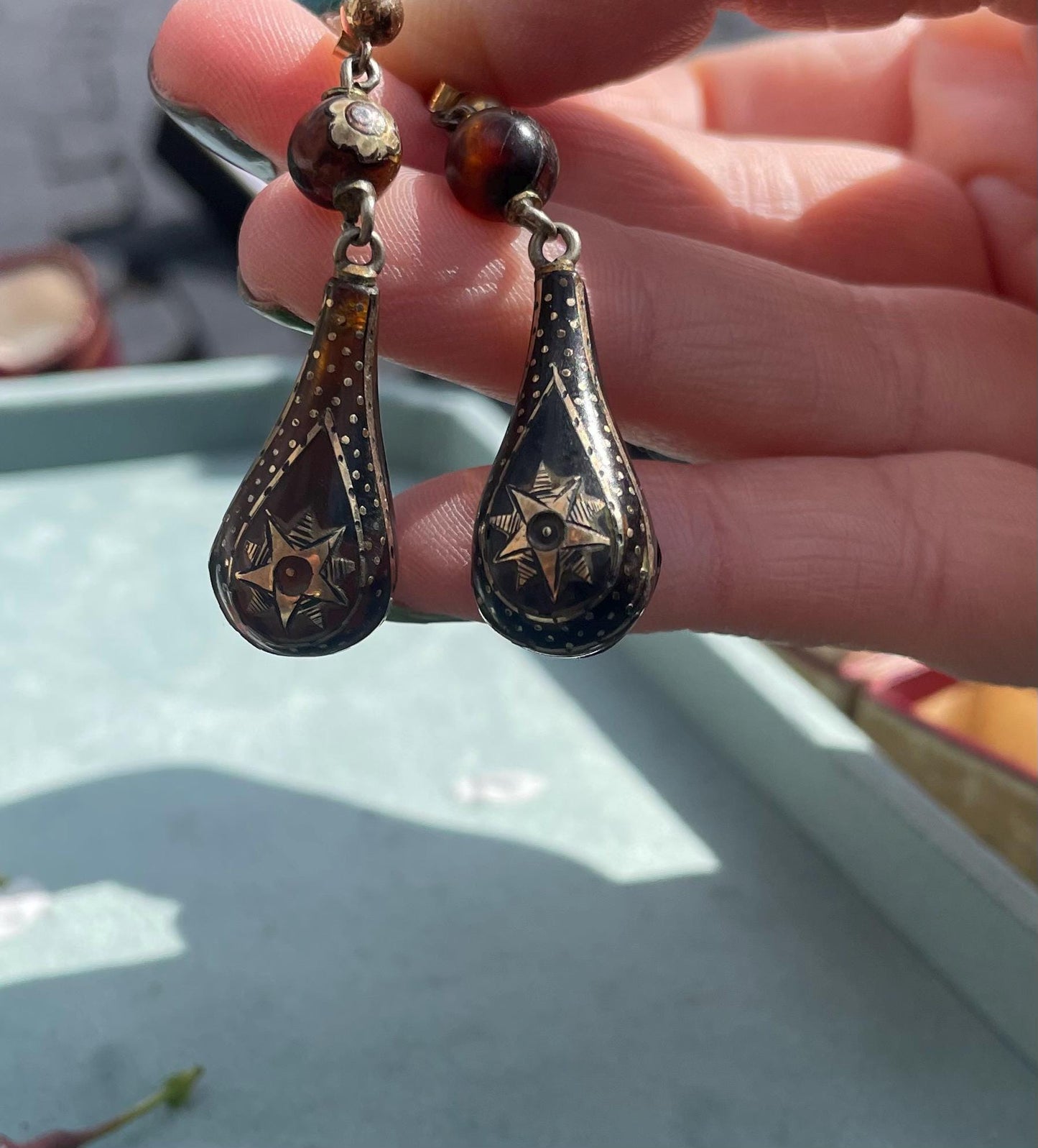 The Sophronias ~ Antique Victorian Piqué Gold Inlay Earrings