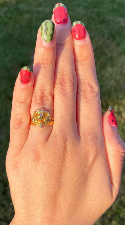 The Goddess ~ Art Noveau Antique Ruby & Diamond Woman’s Head Ring 10k Yellow Gold