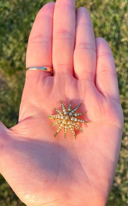 The Luna ~ Lovely Antique Victorian Split Pearl 18 ct & 15ct Yellow Gold Star Starburst Brooch/Pendant