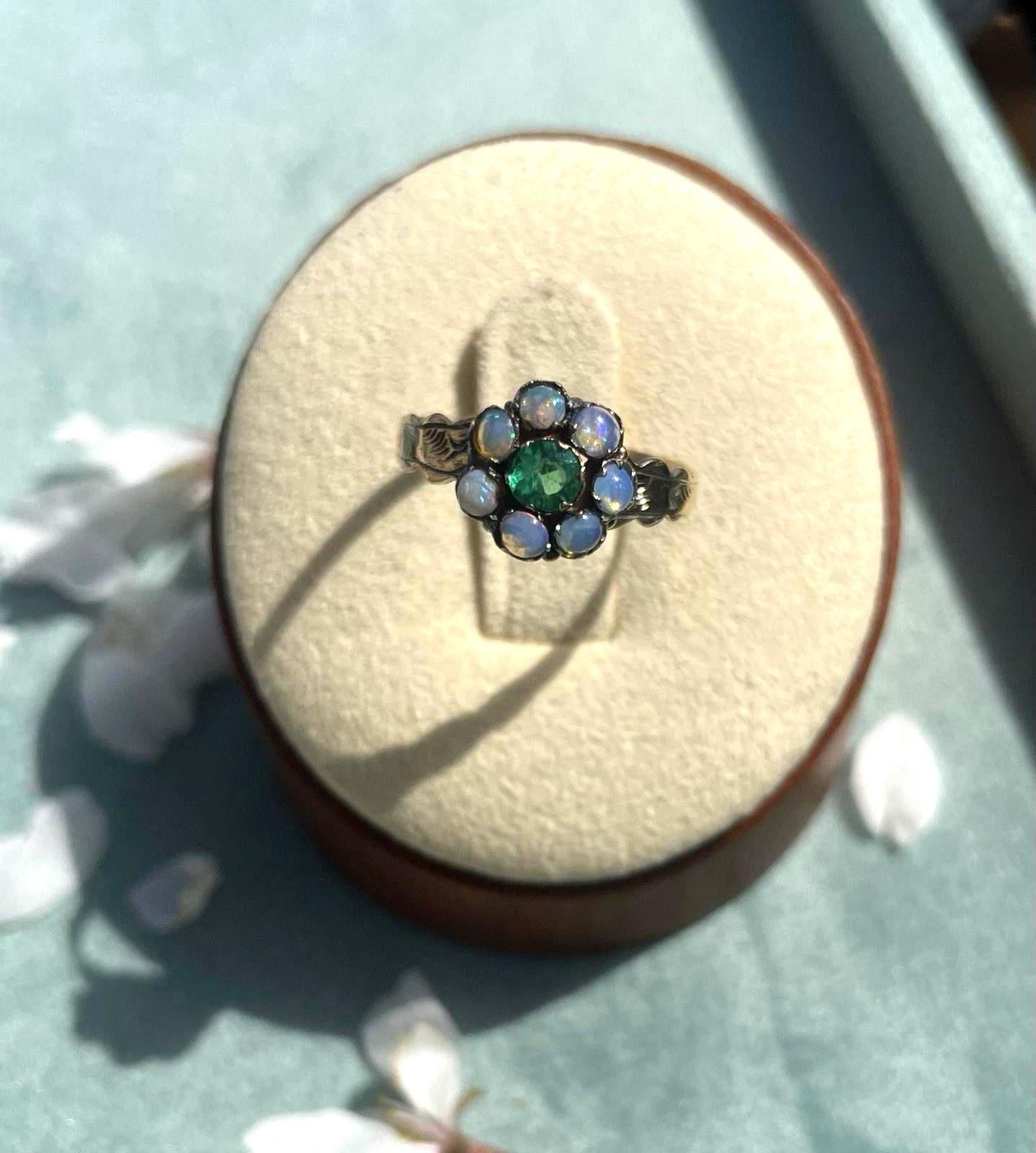The Victoria ~ Antique Victorian 9 Carat Gold Emerald & Opal Cluster Ring Vintage
