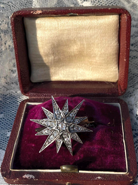 The Astraea ~ Exquisite Antique Victorian Diamond Starburst Gold Brooch/Pendant