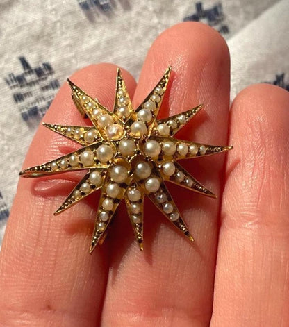 The Luna ~ Lovely Antique Victorian Split Pearl 18 ct & 15ct Yellow Gold Star Starburst Brooch/Pendant
