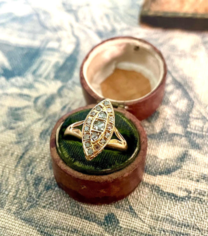 The Grey Lady ~ Antique Victorian Rose Cut Diamond & Gold Navette Dress Ring