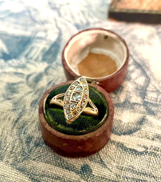 The Grey Lady ~ Antique Victorian Rose Cut Diamond & Gold Navette Dress Ring