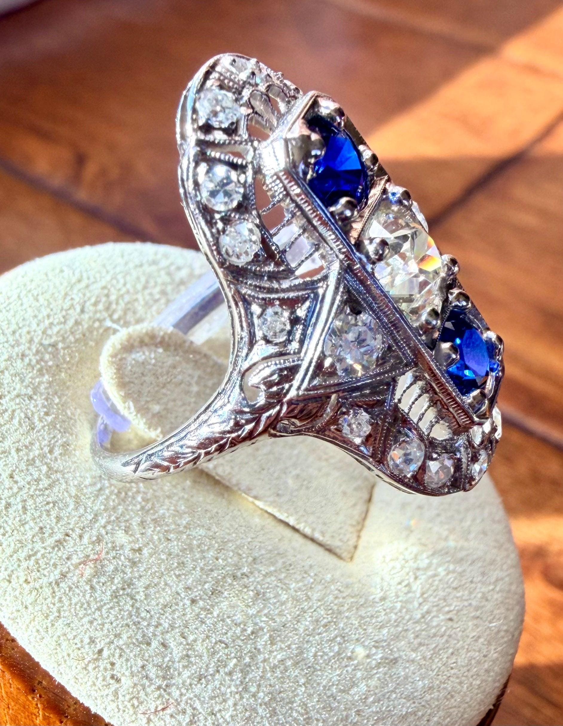 Art Deco Platinum Sapphire & Old Cut Diamond Shield Ring