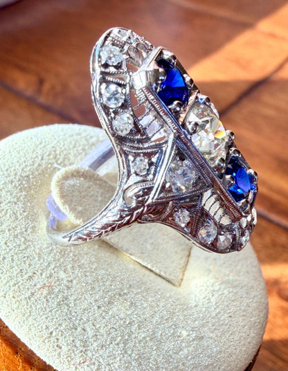 Art Deco Platinum Sapphire & Old Cut Diamond Shield Ring