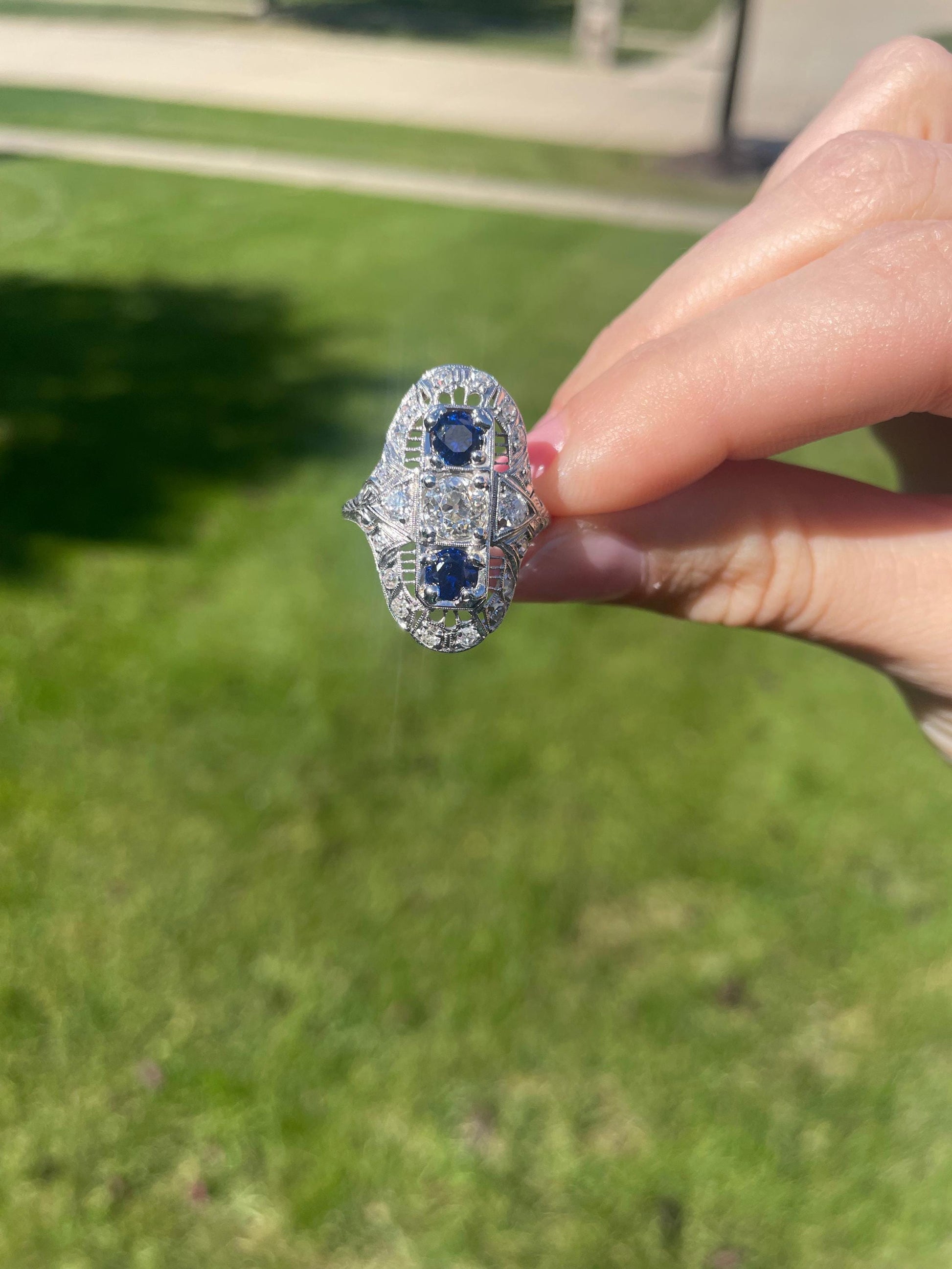Art Deco Platinum Sapphire & Old Cut Diamond Shield Ring