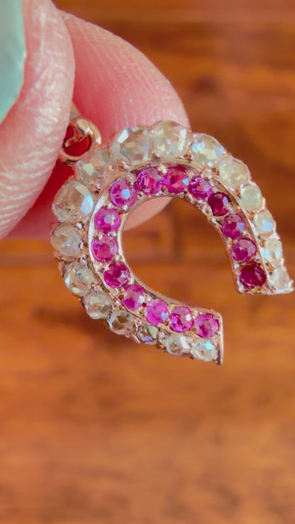 Victorian Rose Cut Diamond & Ruby Horseshoe Lucky Charm/Pendant