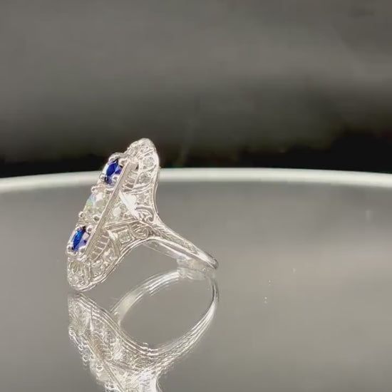 Art Deco Platinum Old Cut Diamond & Sapphire Shield Ring
