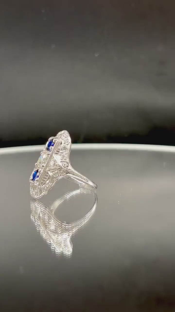 Art Deco Platinum Old Cut Diamond & Sapphire Shield Ring