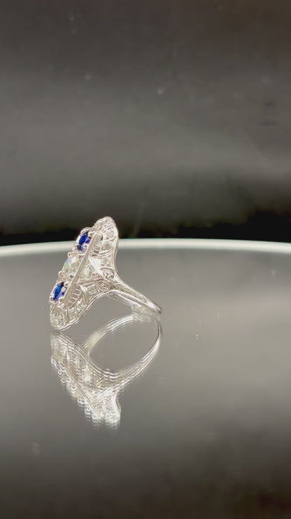Art Deco Platinum Sapphire & Old Cut Diamond Shield Ring