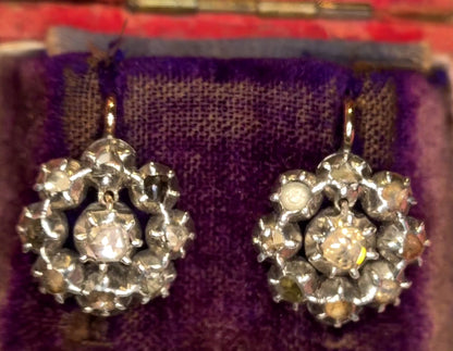 Georgian Rose Cut Diamond Dormeuse Cluster Earrings