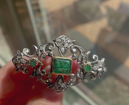Emerald & Rose Cut Diamond Brooch