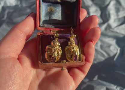 Victorian Etruscan Revival Rhodolite Garnet 18k Gold Earrings