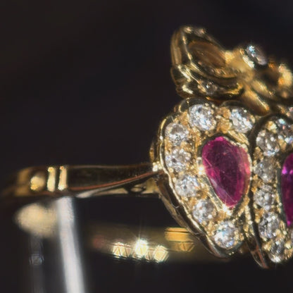 The Flaming Hearts Ring ~ Victorian Style Pink Sapphire Crowned Double Heart Ring