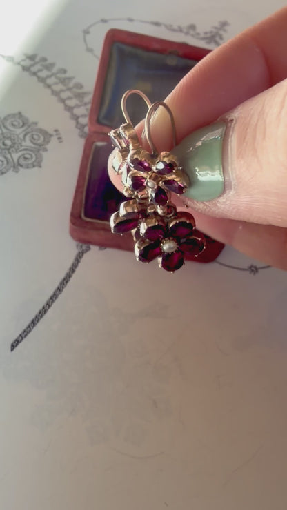 Georgian Garnet Pansy & Pearl Earrings