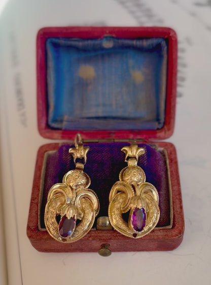 Victorian Etruscan Revival Rhodolite Garnet 18k Gold Earrings