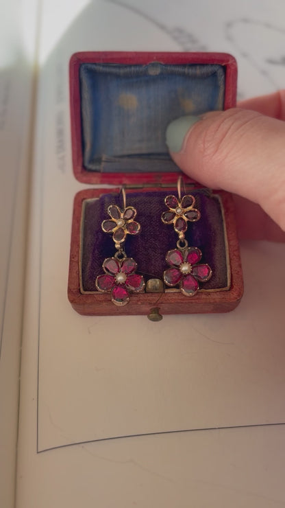 Georgian Garnet Pansy & Pearl Earrings