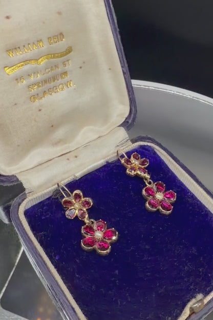 Georgian Garnet Pansy & Pearl Earrings